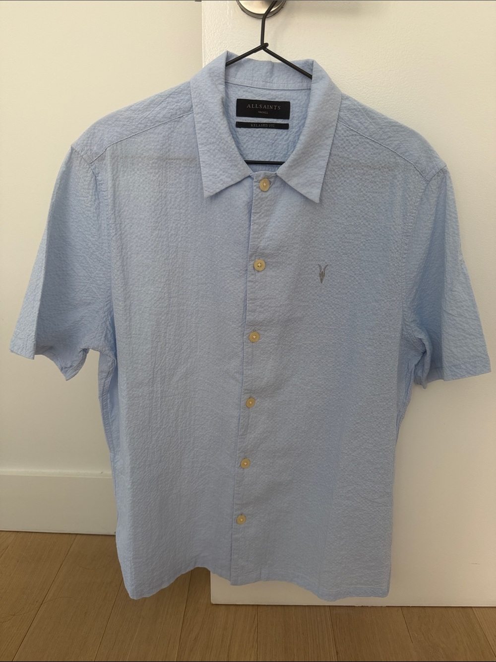 All Saints Men’s Pale Blue Short-Sleeve Button-Down Shirt Size S